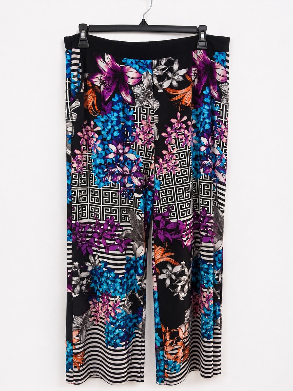 new directions Black Wide-Leg Floral Pants with Blue, Purple & Orange Accents